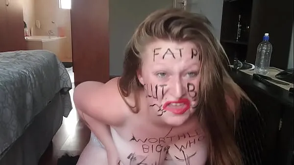 Best Big fat worthless pig degrading herself | body writing |hair pulling | self slapping fine Tube
